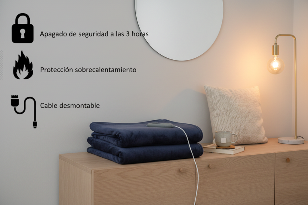 Manta eléctrica en estante moderno con textos